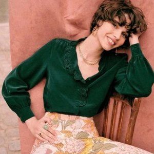 Sezane Chloe Blouse in Bottle Green EU 32 US 0
